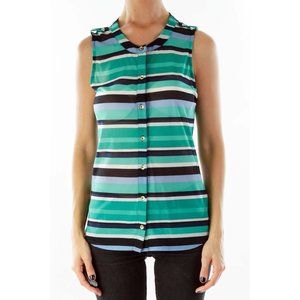 The Limited Women Striped Button-Up Top Sleeveless Round Neck Blue Black Size S